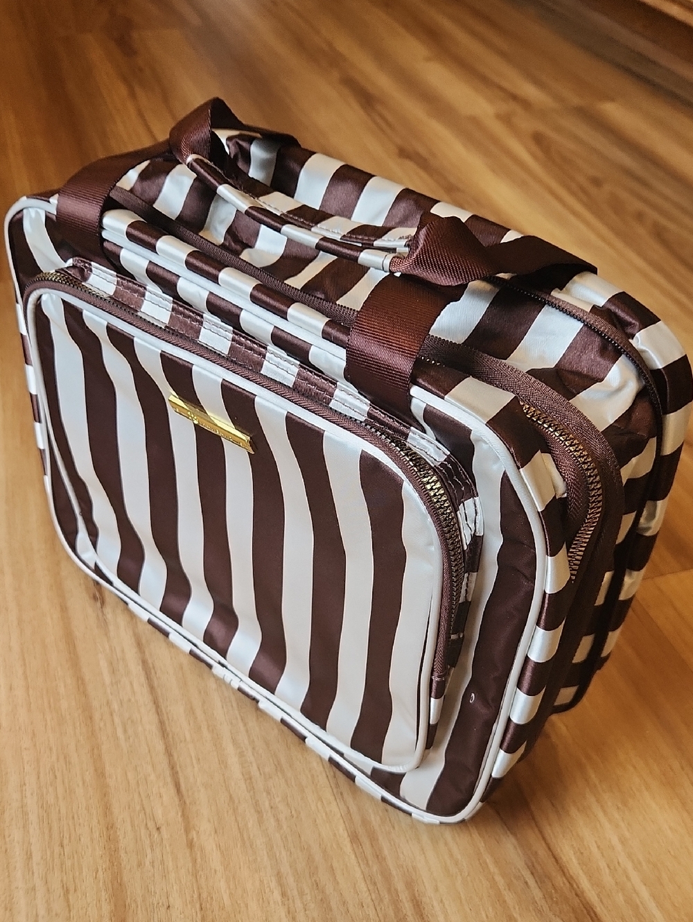 Joy Mangano CleanBoss Expandable Toiletry Bag, Brown & Cream Striped, NWOT